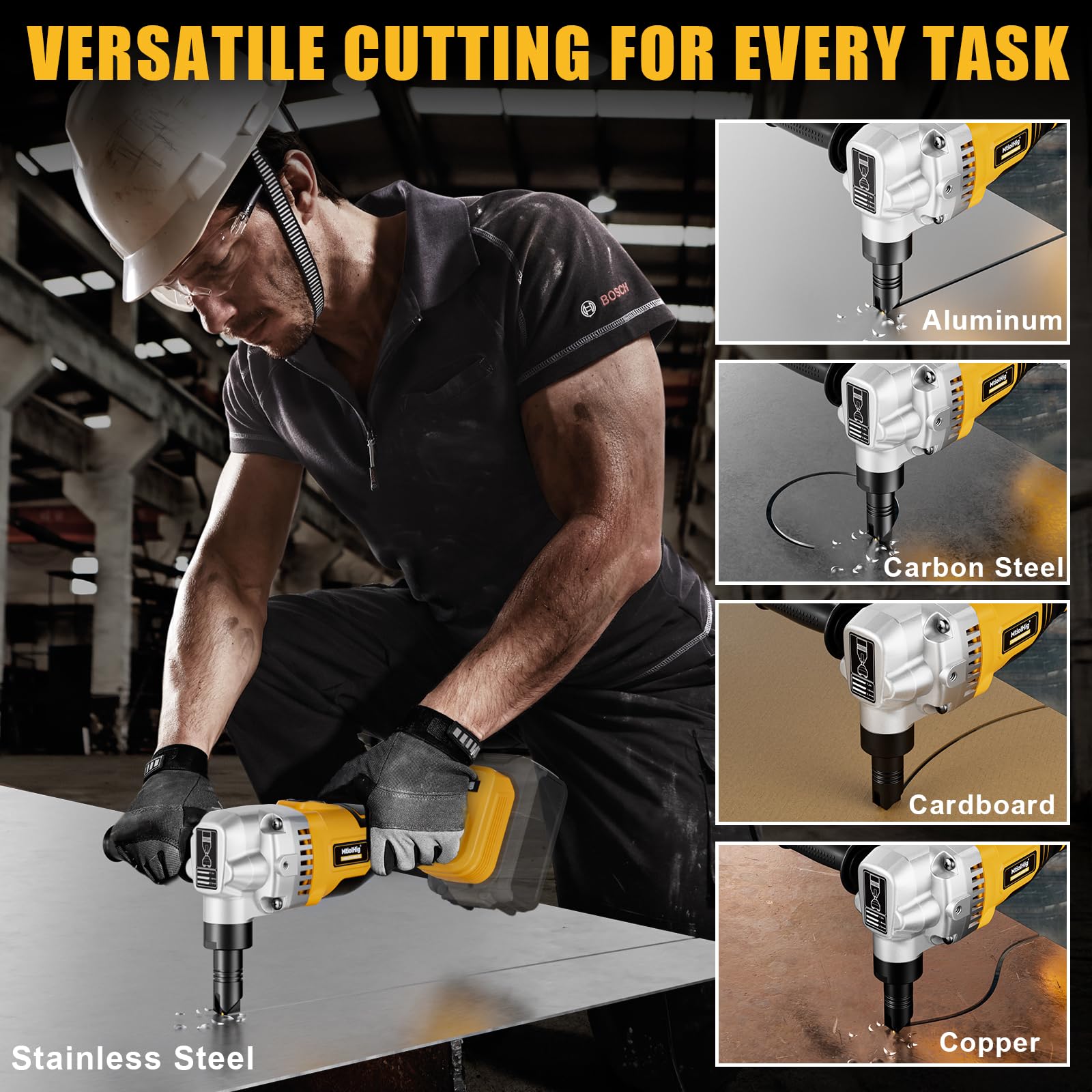 Cutting capacity: mild steel, stainless, and aluminum.