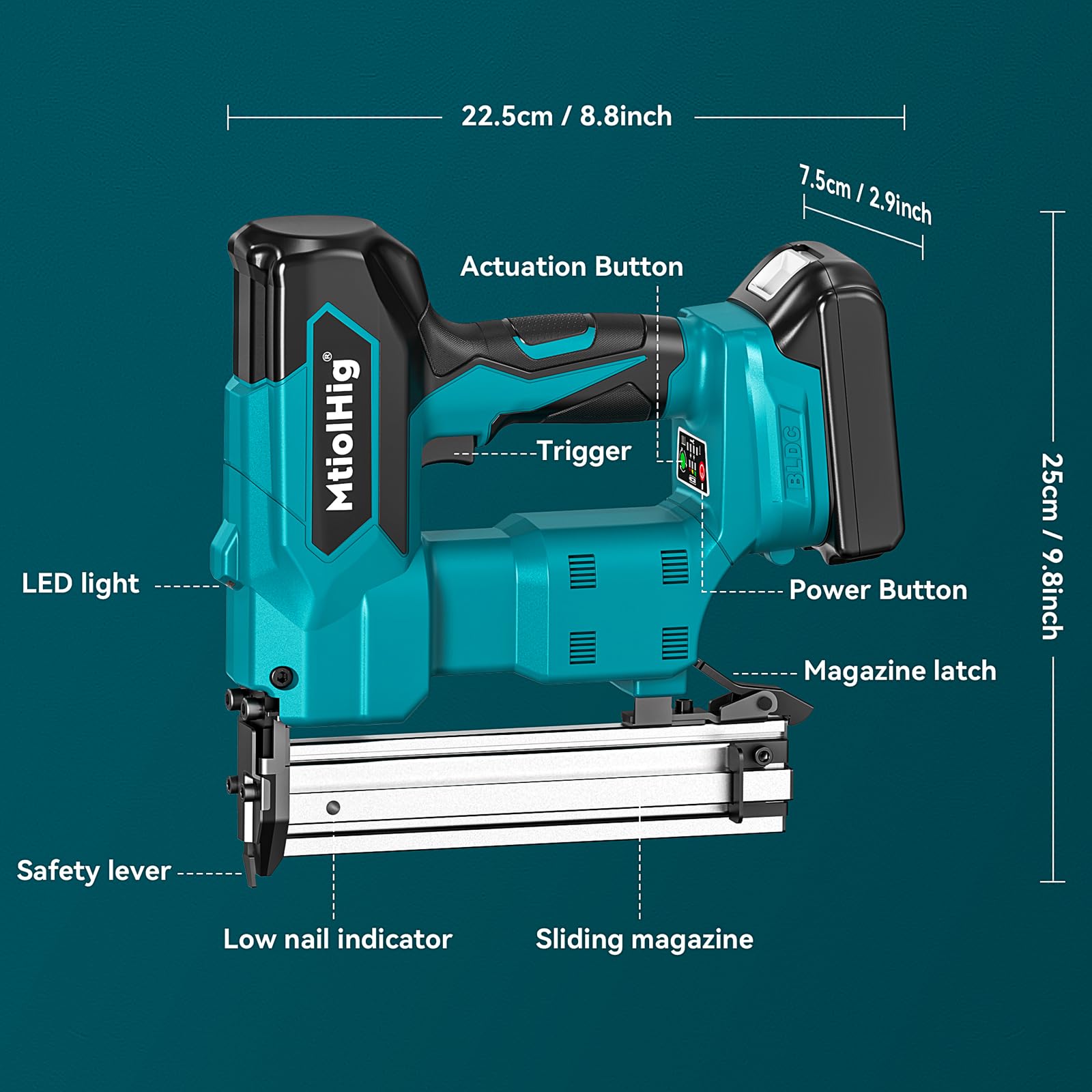 MtiolHig brad nailer features built-in LED light to guide precise placement