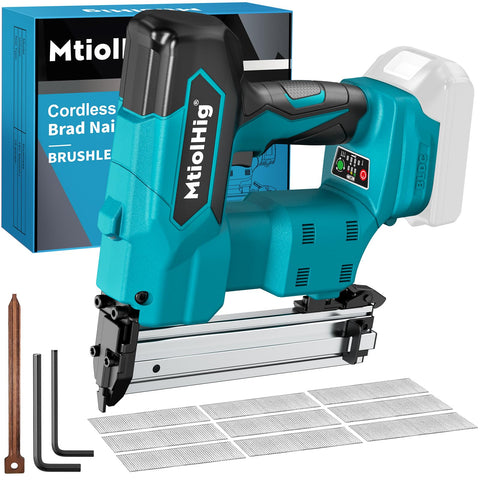MtiolHig cordless brad nailer showing Makita 18V battery compatibility for versatile power