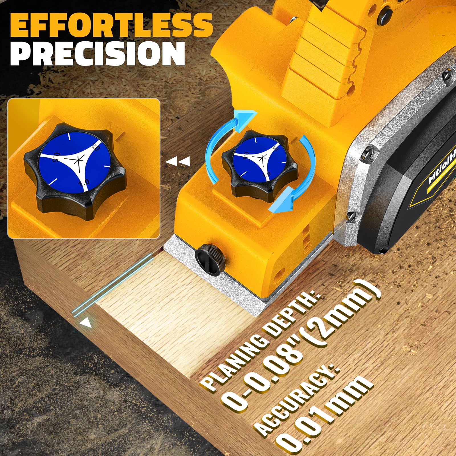 MtiolHig depth-adjustment knob enabling precise 0–2 mm planing.