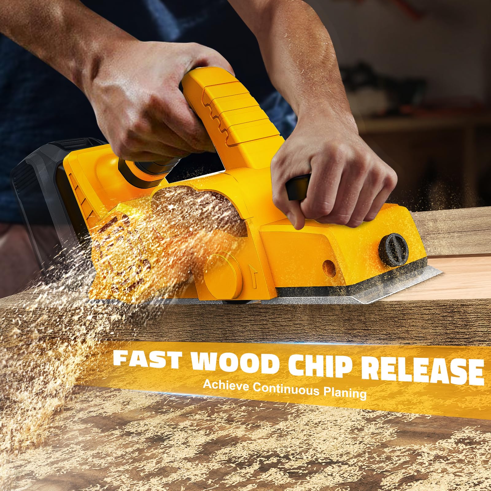 MtiolHig cordless planer's compatibility with Dewalt 20V battery (not included).