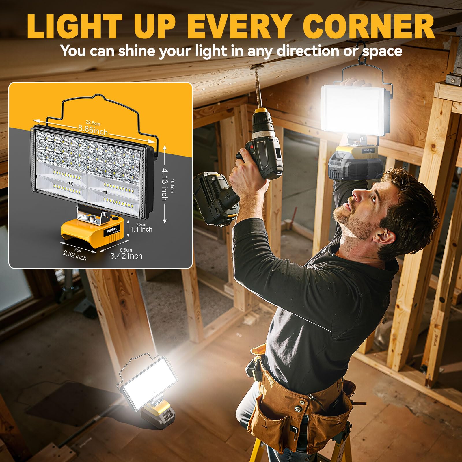 USB A and USB C ports on MtiolHig light to charge devices while you work
