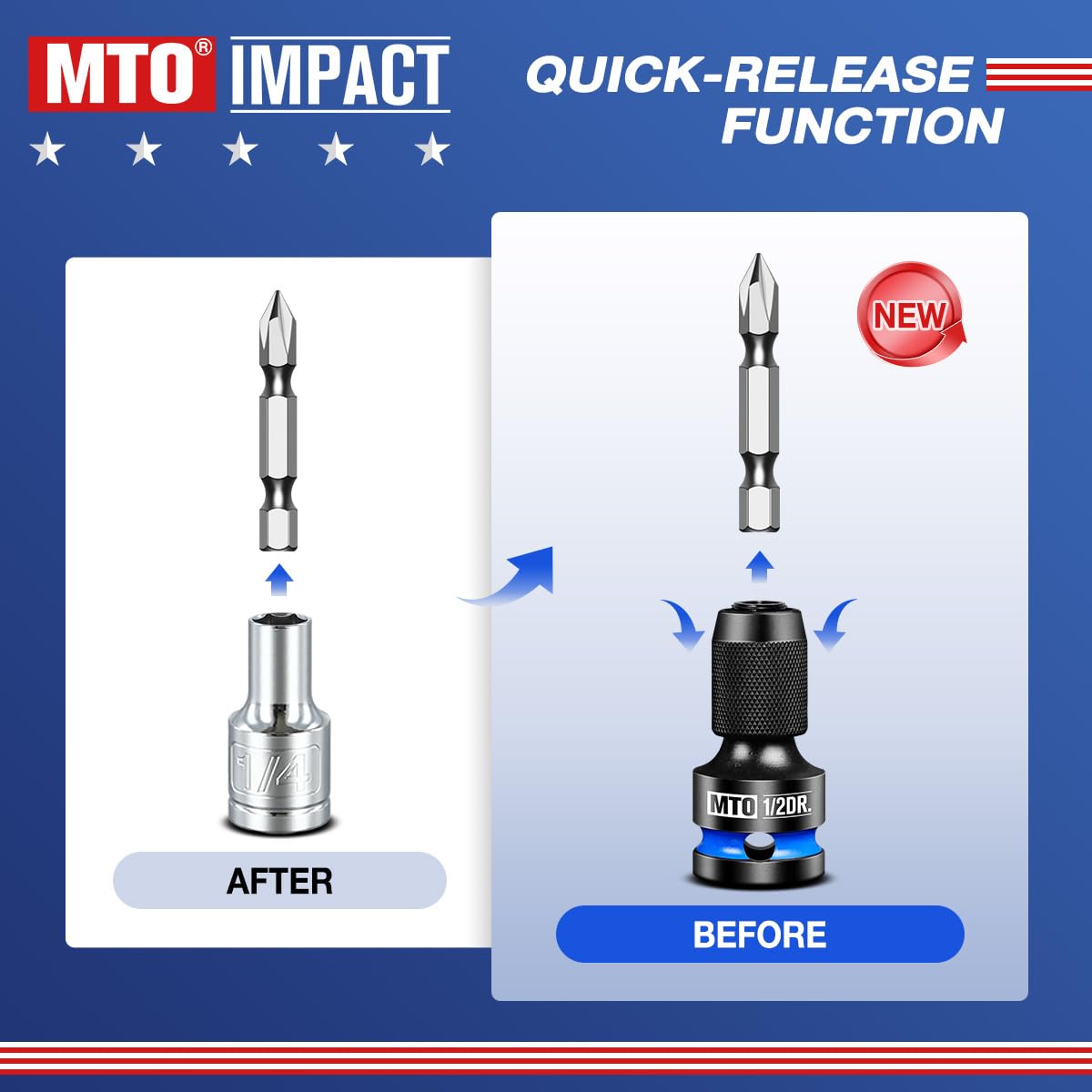 MTO spring ball detent locks securely for stable bit seating