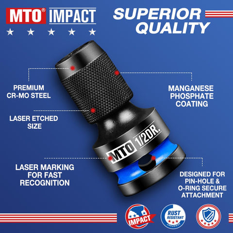 MTO wide compatibility with 1/2, 3/8, and 1/4 drives