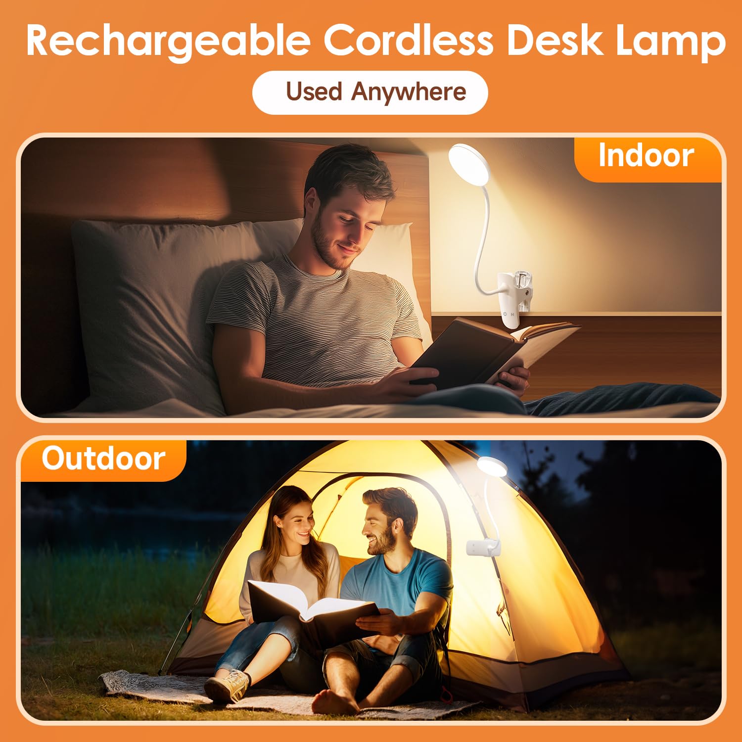 Bedside reading light clips to headboard for late-night pages.