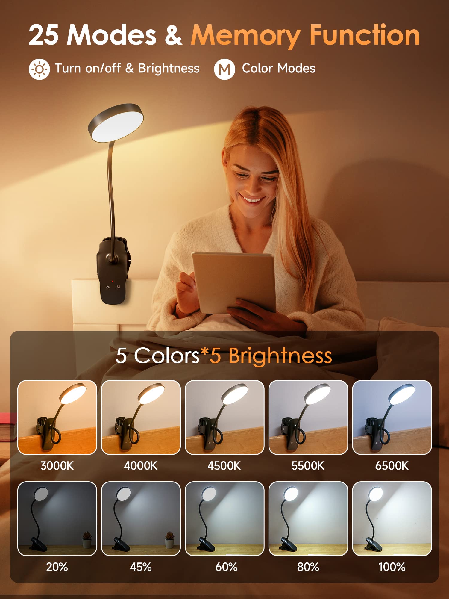 Mubarek Clip-On Lamp gooseneck-360 enables flexible lighting angles for reading