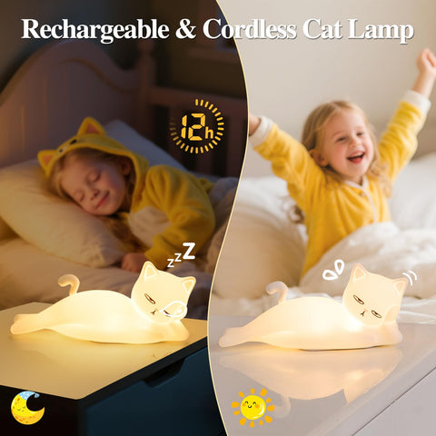Mubarek rechargeable cat night light with USB-C for cordless use.