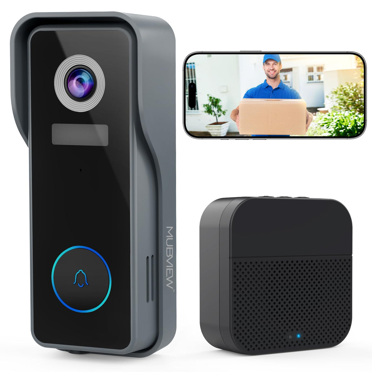 MUBVIEW wireless doorbell camera at the front door provides real-time monitoring.