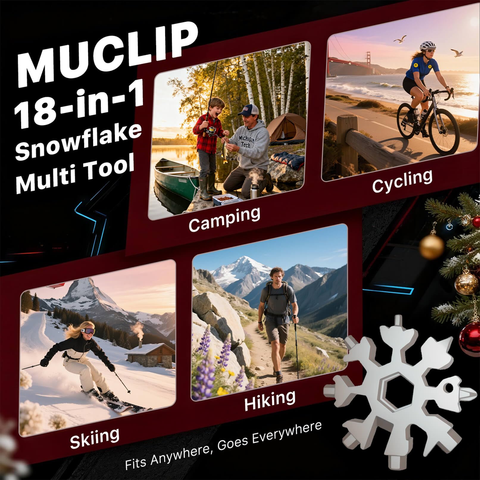 Muclip Snowflake 18-in-1 tool with bottle opener feature highlighted