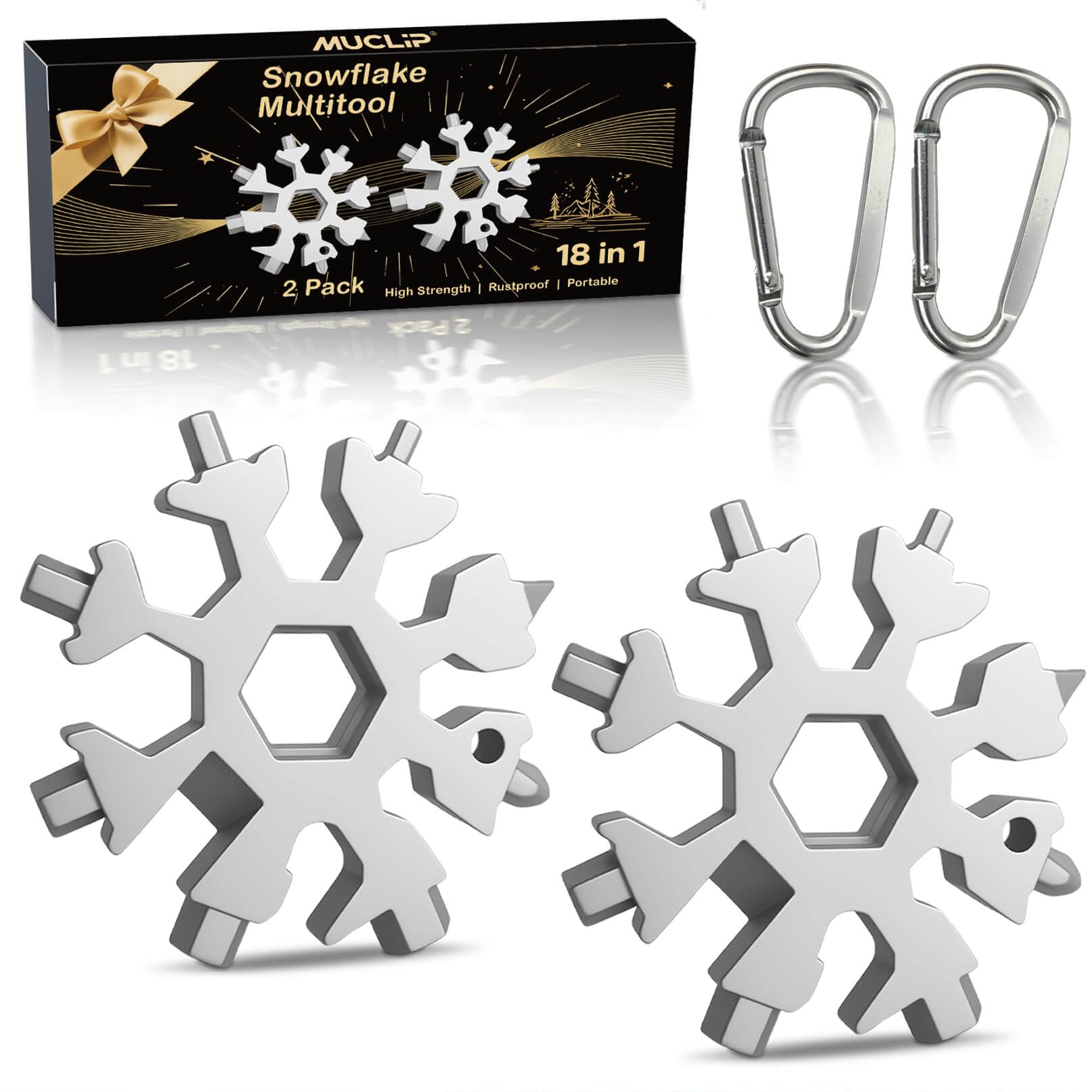 Muclip Snowflake 18-in-1 multitool two-pack, pocket-friendly and ready for quick fixes.