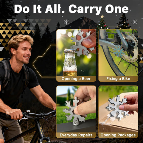 Muclip Snowflake multitool with multiple wrench sizes for camping and home maintenance.