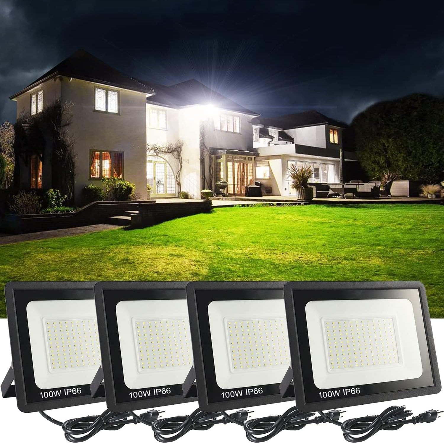 MUCLUD four-pack LED flood light outdoor front view showing wide coverage