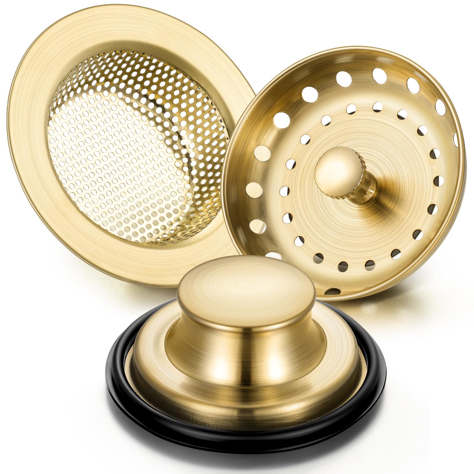 Mudder basket strainer brushed gold catching debris to prevent clogs