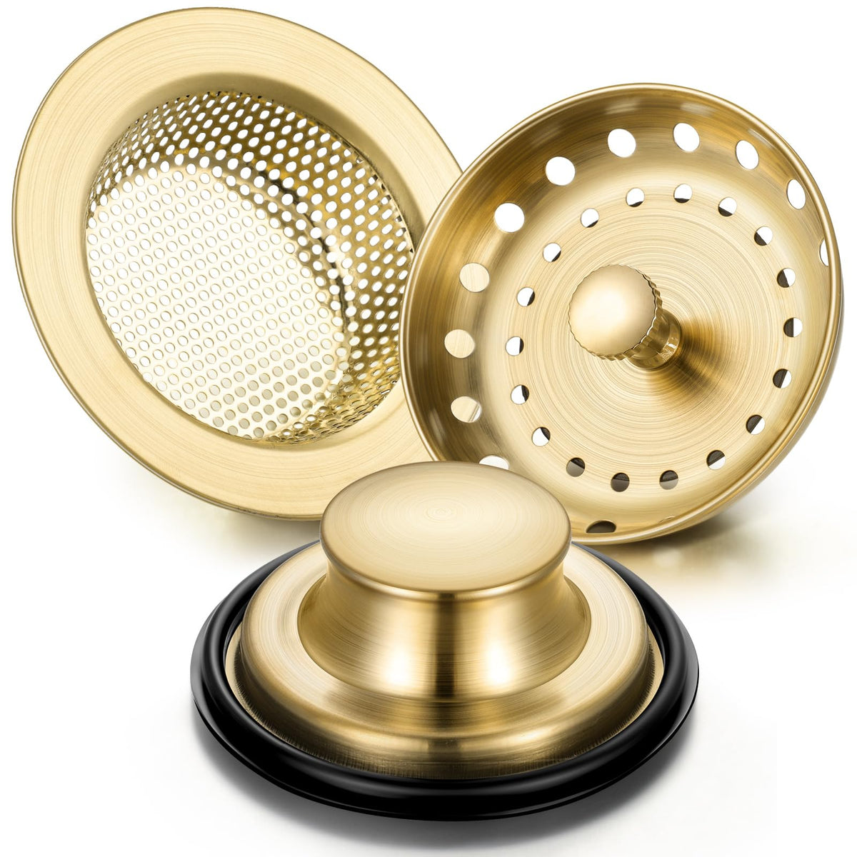 Mudder basket strainer brushed gold catching debris to prevent clogs