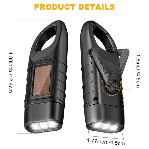 Mudder hand-crank flashlight with backpack clip for hands-free camping use.
