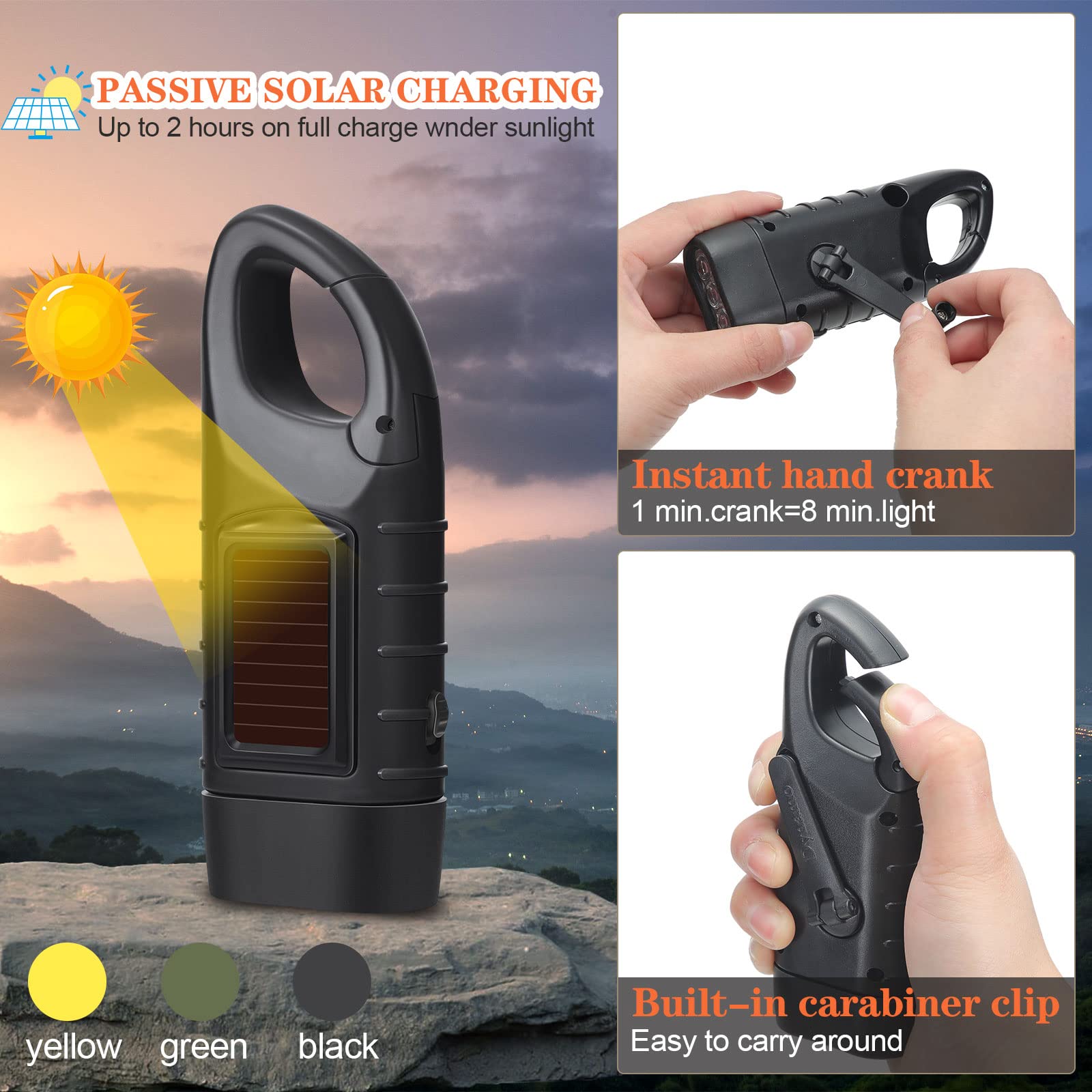 Mudder hand crank solar flashlight in black compact survival light.