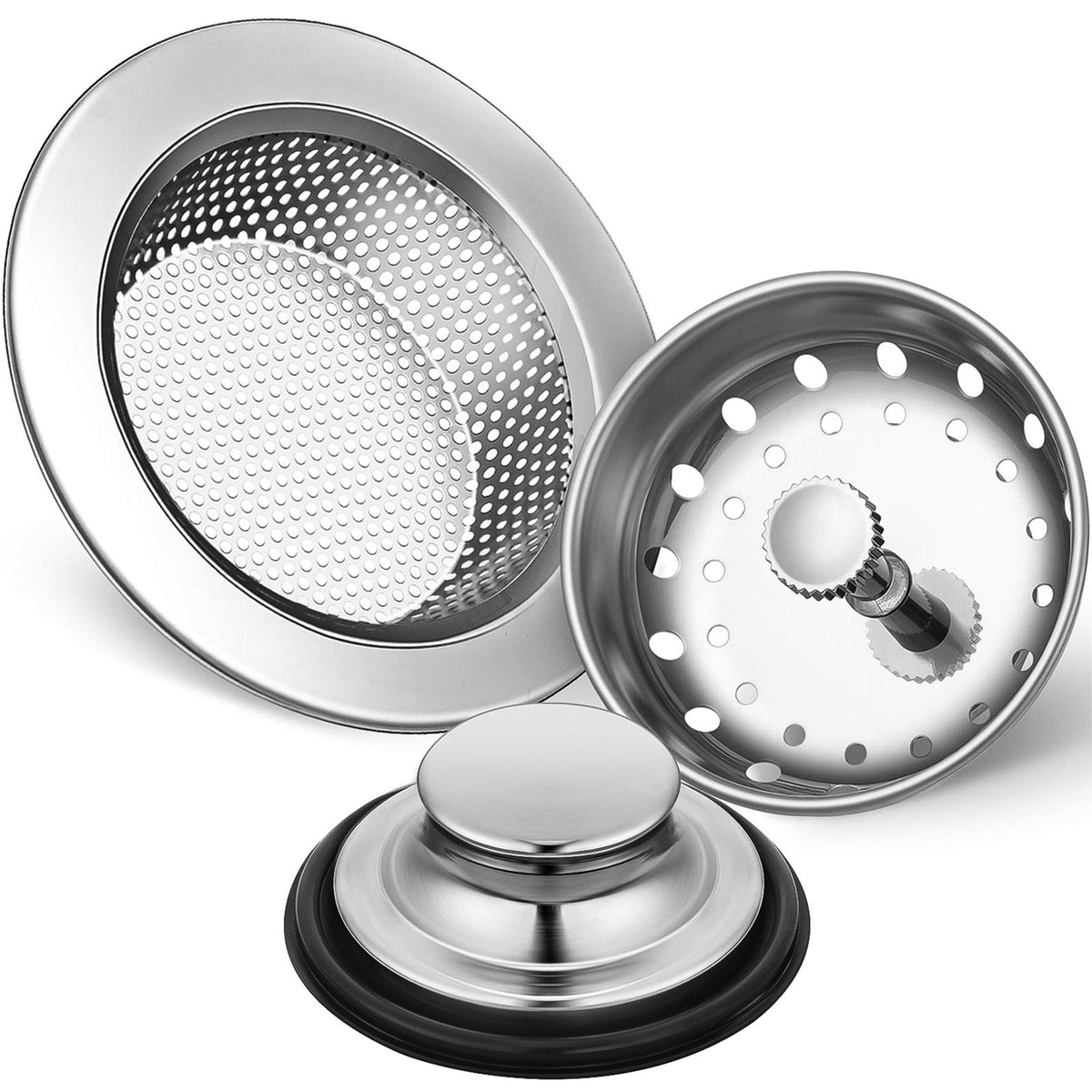 Mudder sink strainer basket assembly prevents clogs in standard kitchen drains.