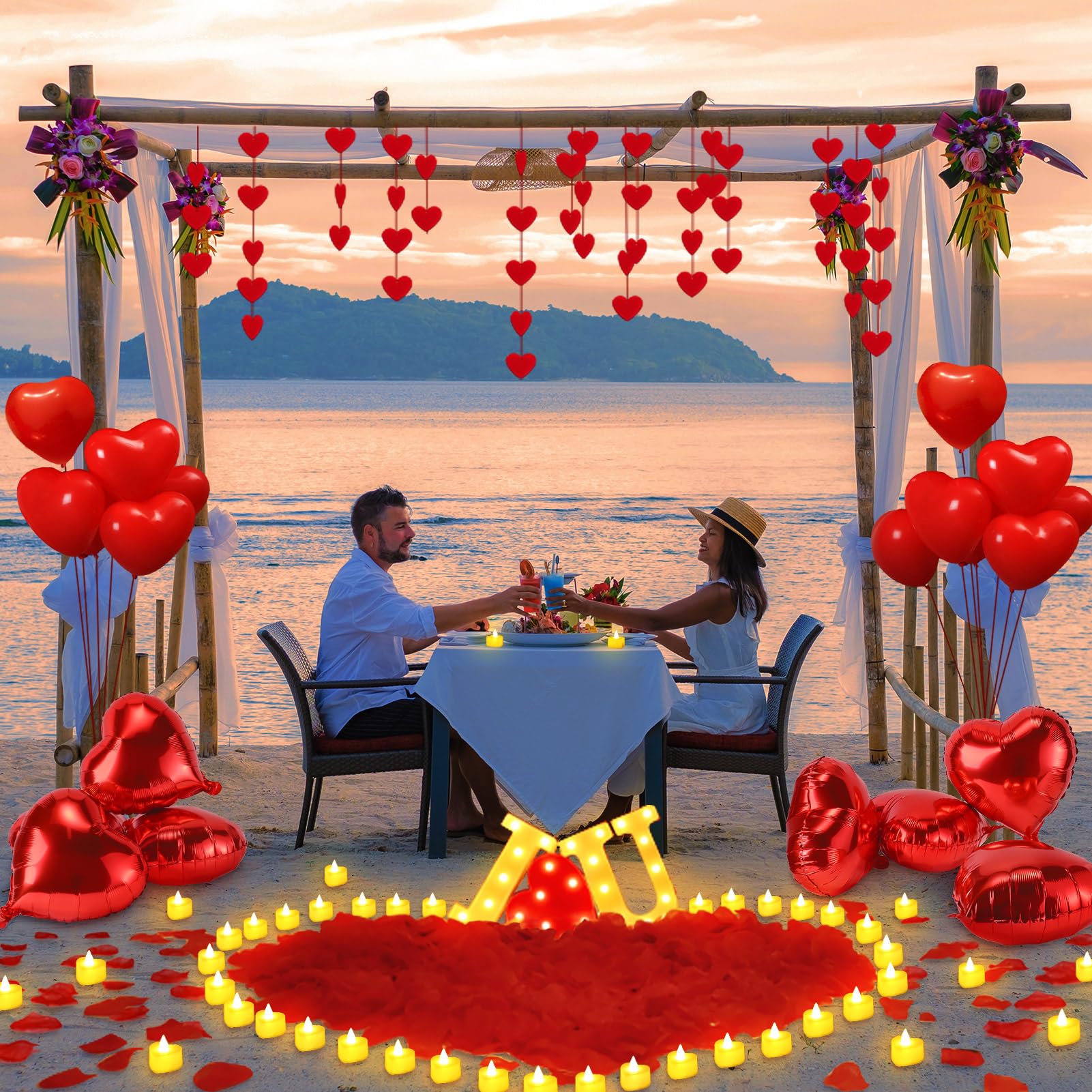 MUDEREK rose petals spread across a table to spark a romantic mood