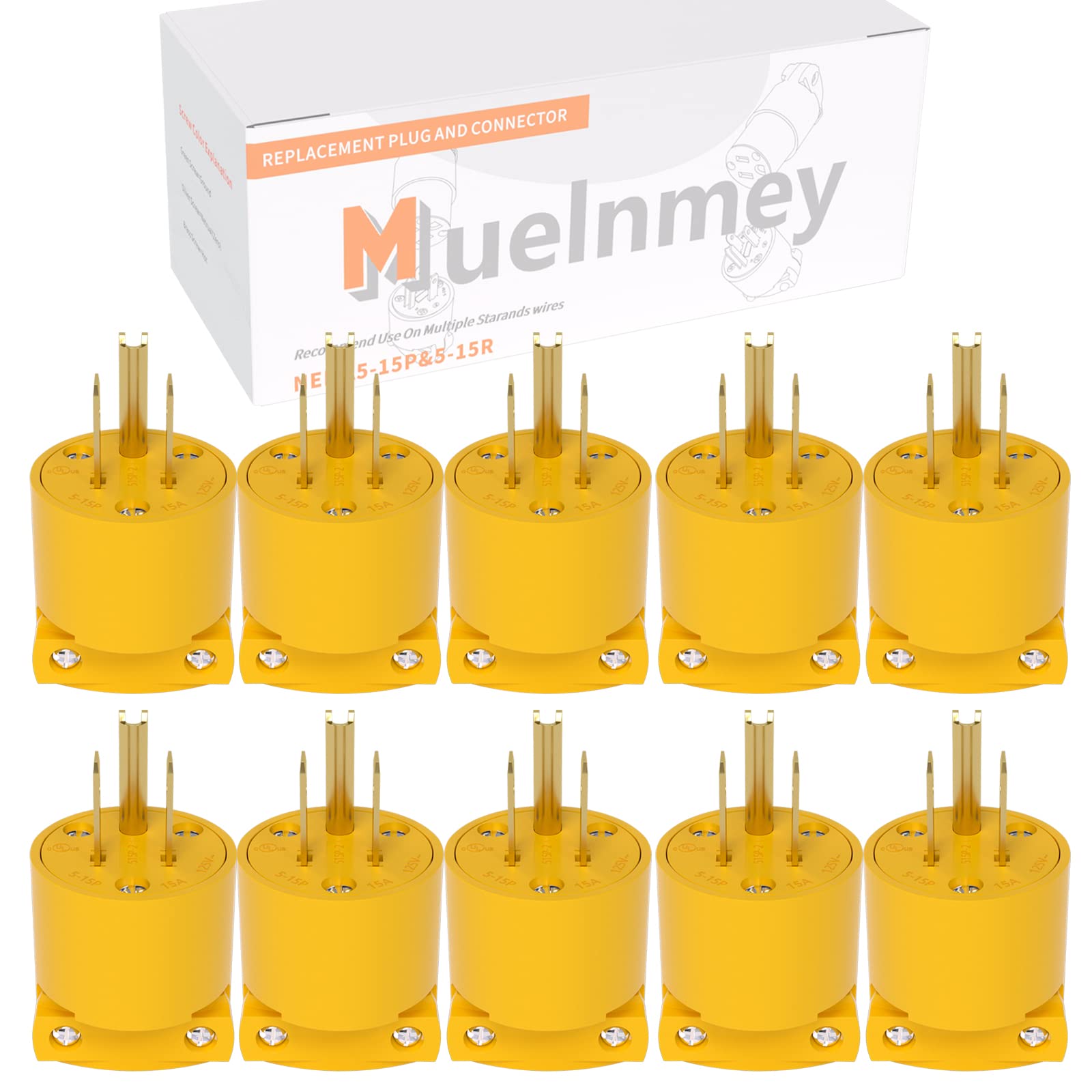 Muelnmey 5-15P plug front view with yellow shell for safe outdoor connections