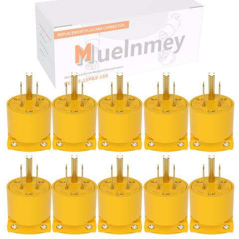 Muelnmey 5-15P plug front view with yellow shell for safe outdoor connections
