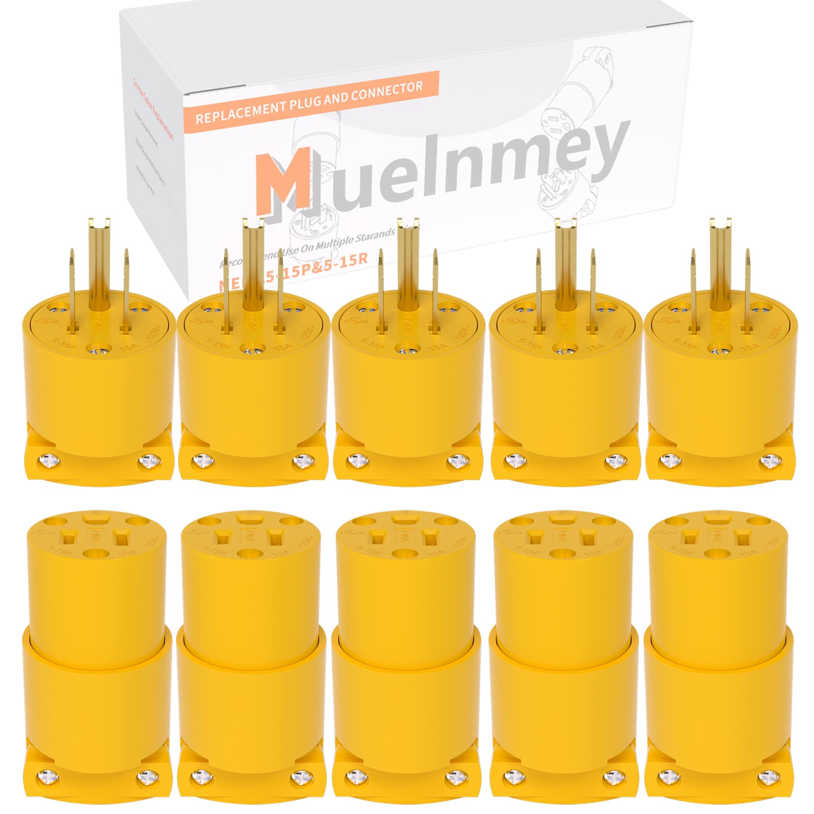 Muelnmey extension ends with NEMA 5-15P/5-15R in a yellow shell for RV use.