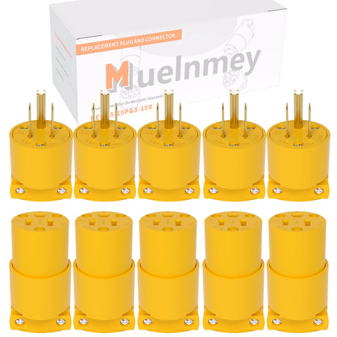 Muelnmey extension ends with NEMA 5-15P/5-15R in a yellow shell for RV use.