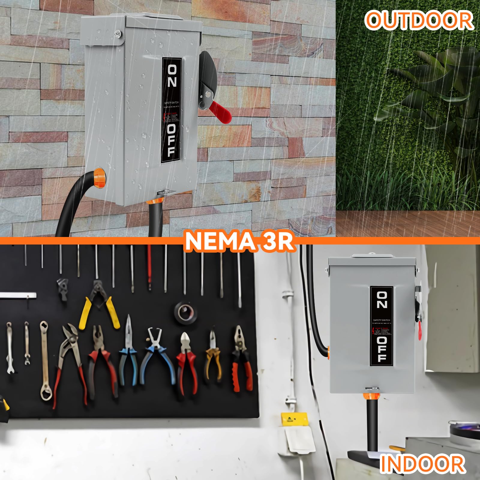 MUJURUR 30A disconnect switch NEMA 3R label indicating weather readiness
