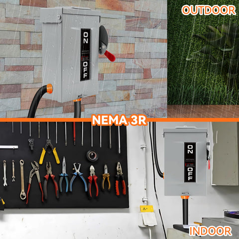 MUJURUR 30A disconnect switch NEMA 3R label indicating weather readiness