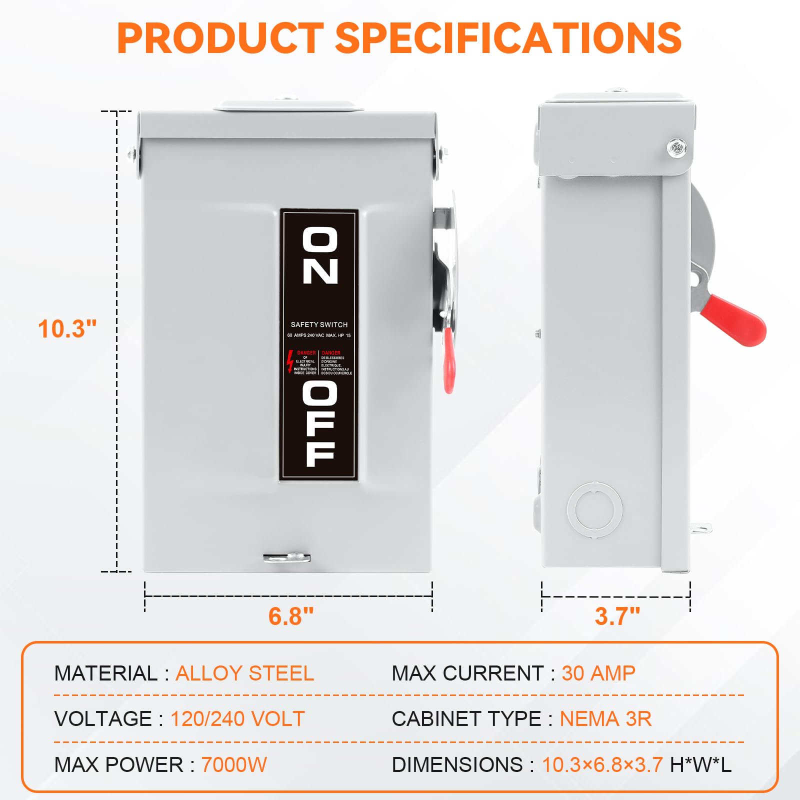 MUJURUR 30A disconnect switch side casing shows rugged outdoor durability