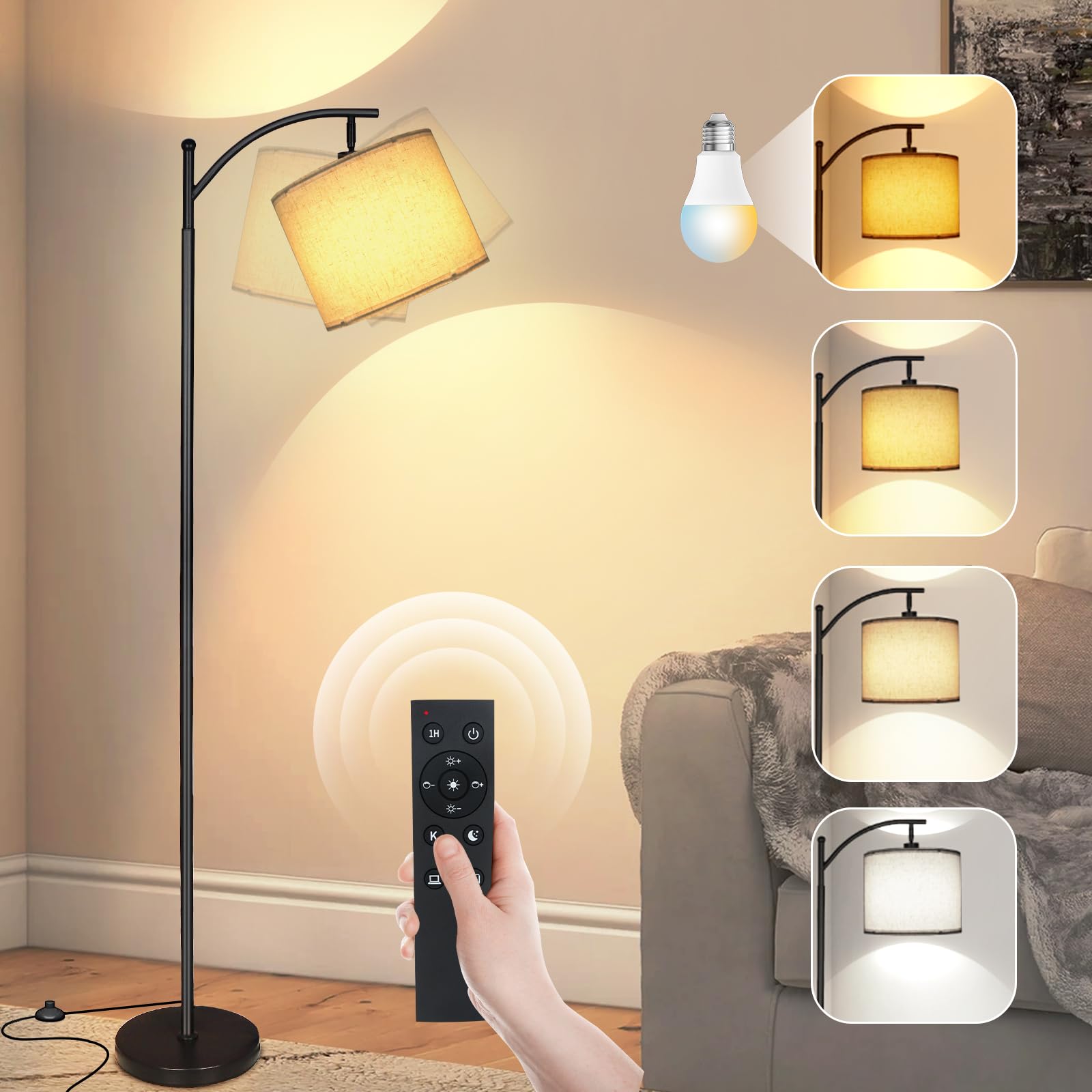 Mukuxin 2025 LED arc floor lamp with linen shade provides soft ambient light for living rooms.