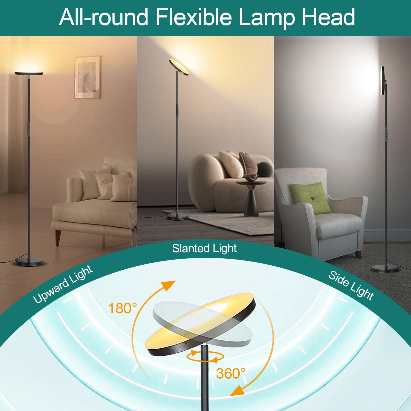 Mukuxin floor lamp with 180° flip and 350° rotation for versatile placement.