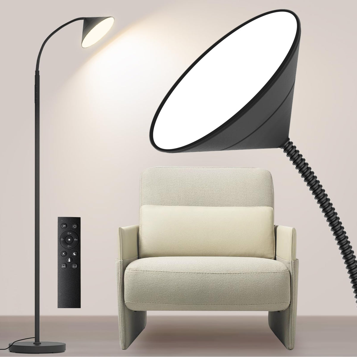 Mukuxin LED floor lamp with remote control for convenient lighting from anywhere in the room.