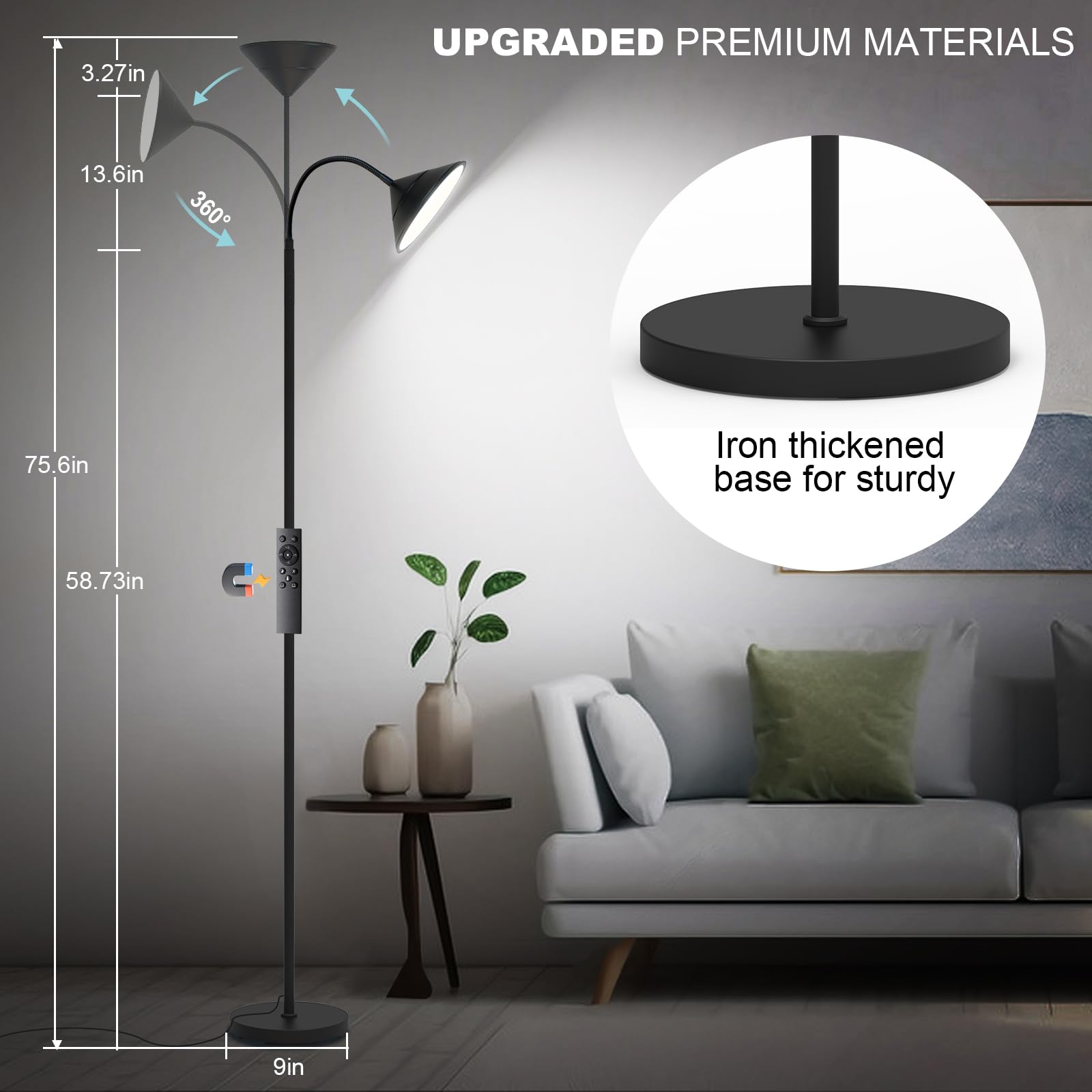 Mukuxin LED floor lamp with stepless dimming for precise brightness and mood lighting.