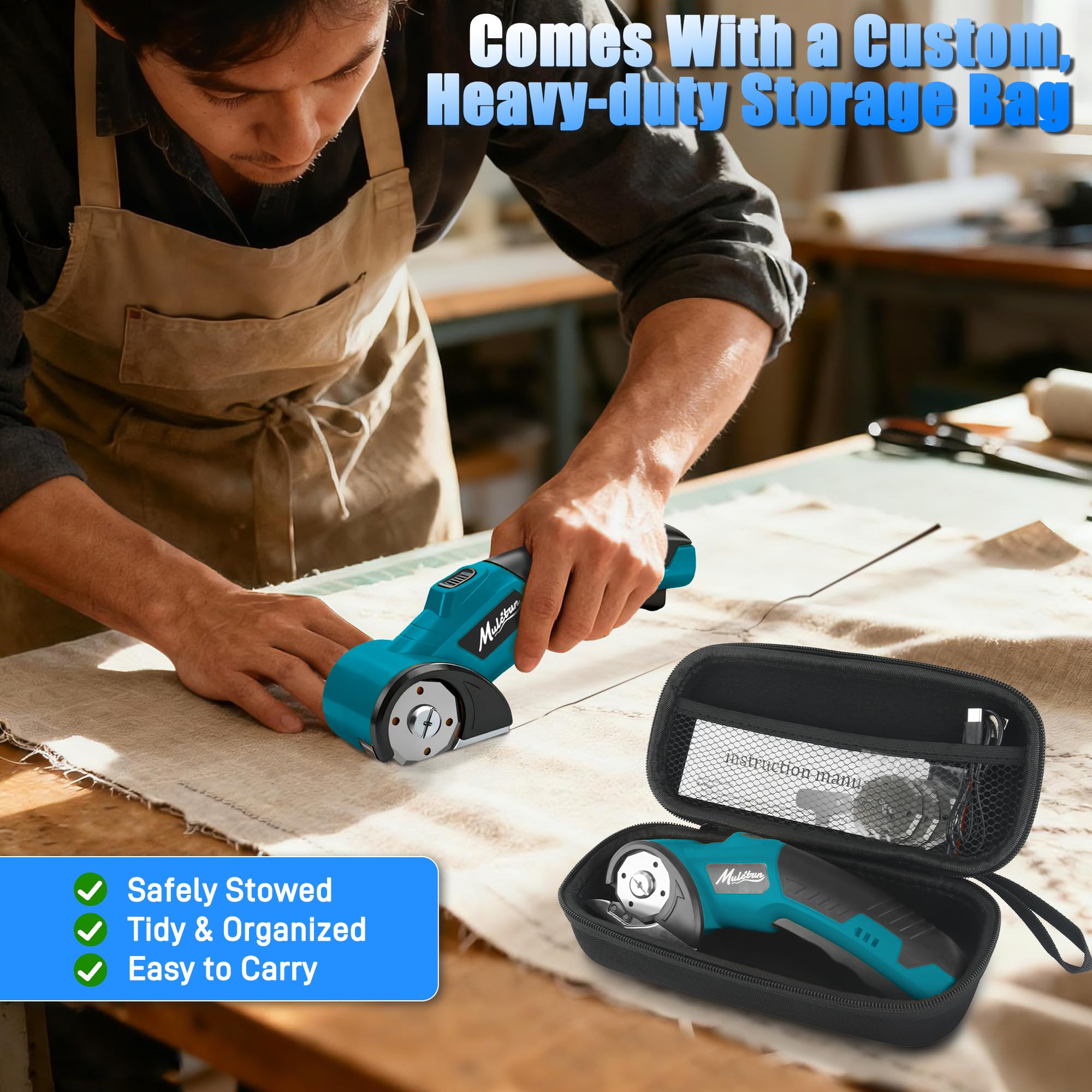 Mulctun cordless cutter operating at 320 RPM for fast cuts