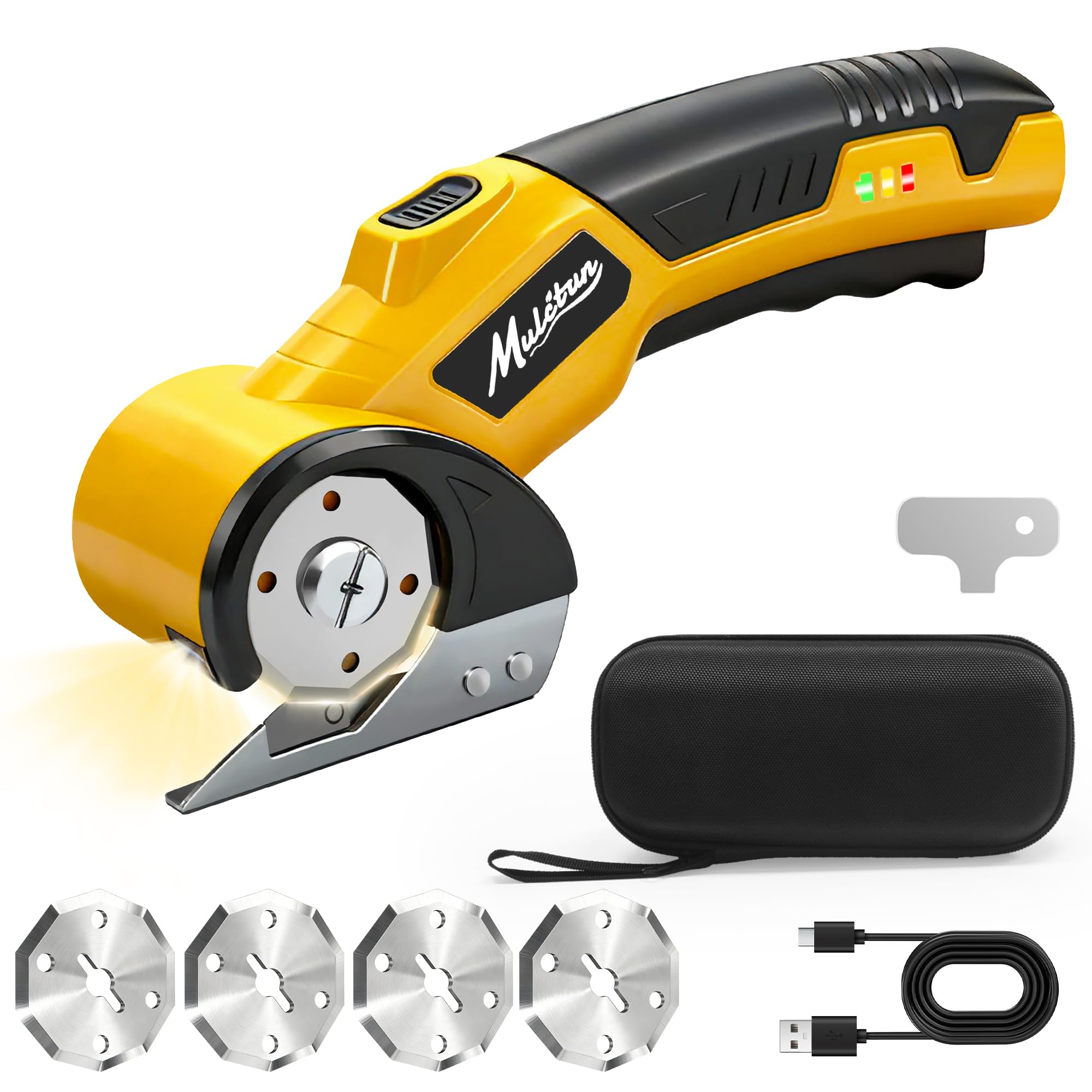 Mulctun electric box cutter with four blades for effortless cardboard cutting.