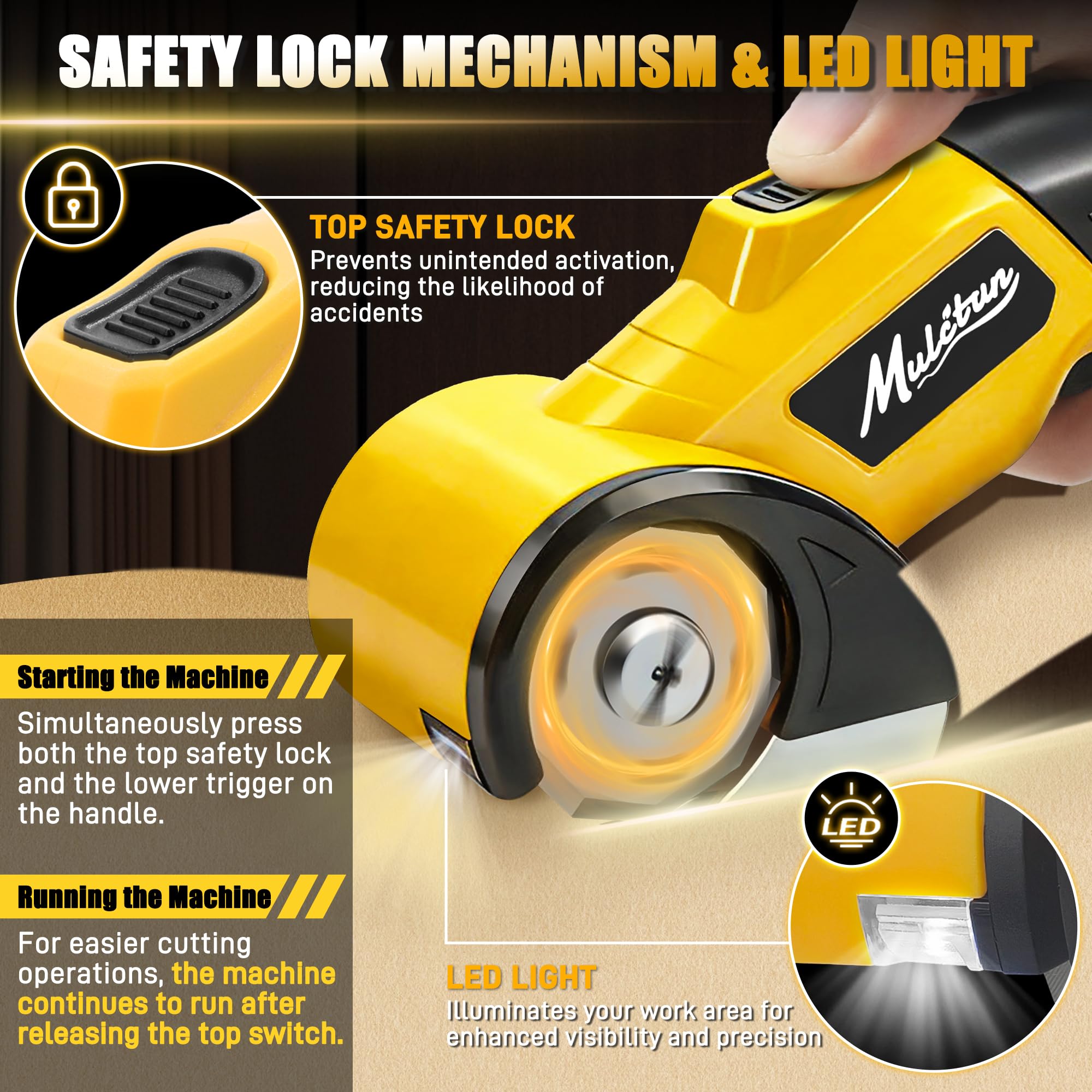 Mulctun self-sharpening blade delivers smooth cuts through cardboard and fabric.