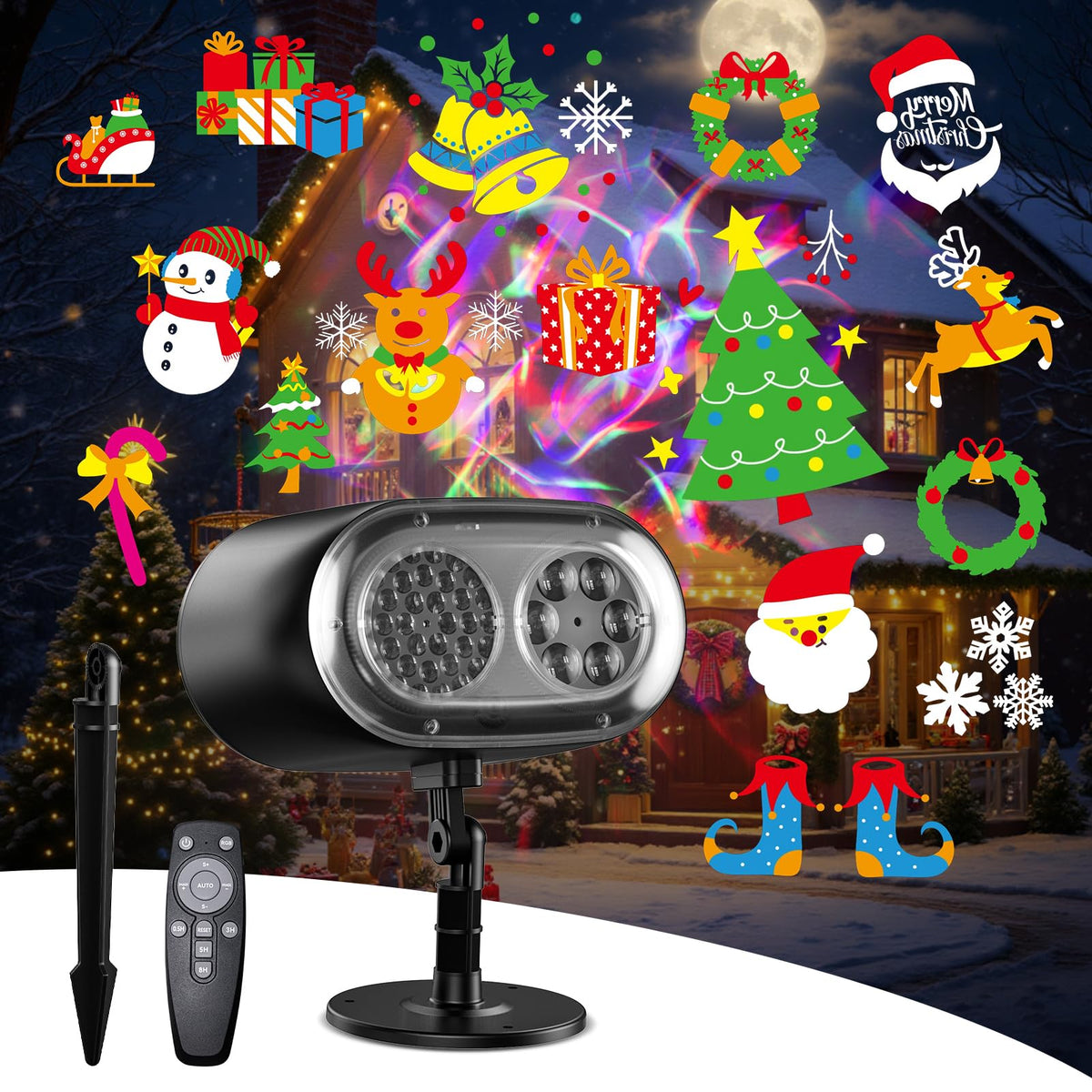Mulivid Christmas projector outdoor setup demonstrates vibrant patterns for curbside holiday charm