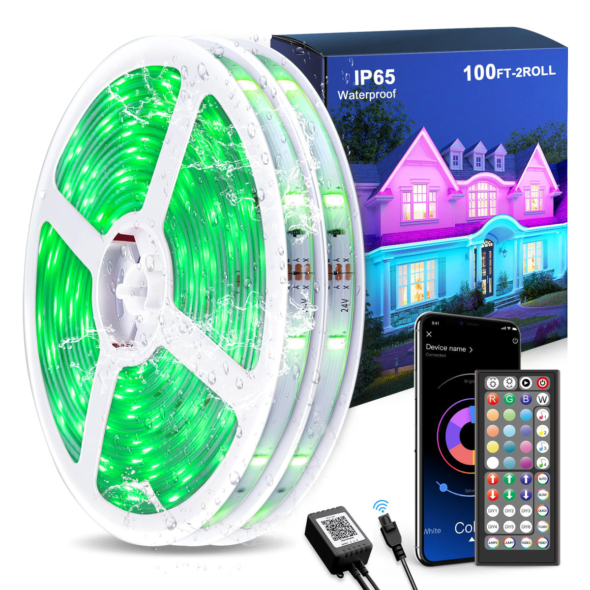 Mulivid outdoor LED strip 100ft showcases vibrant RGB colors for backyard ambiance.