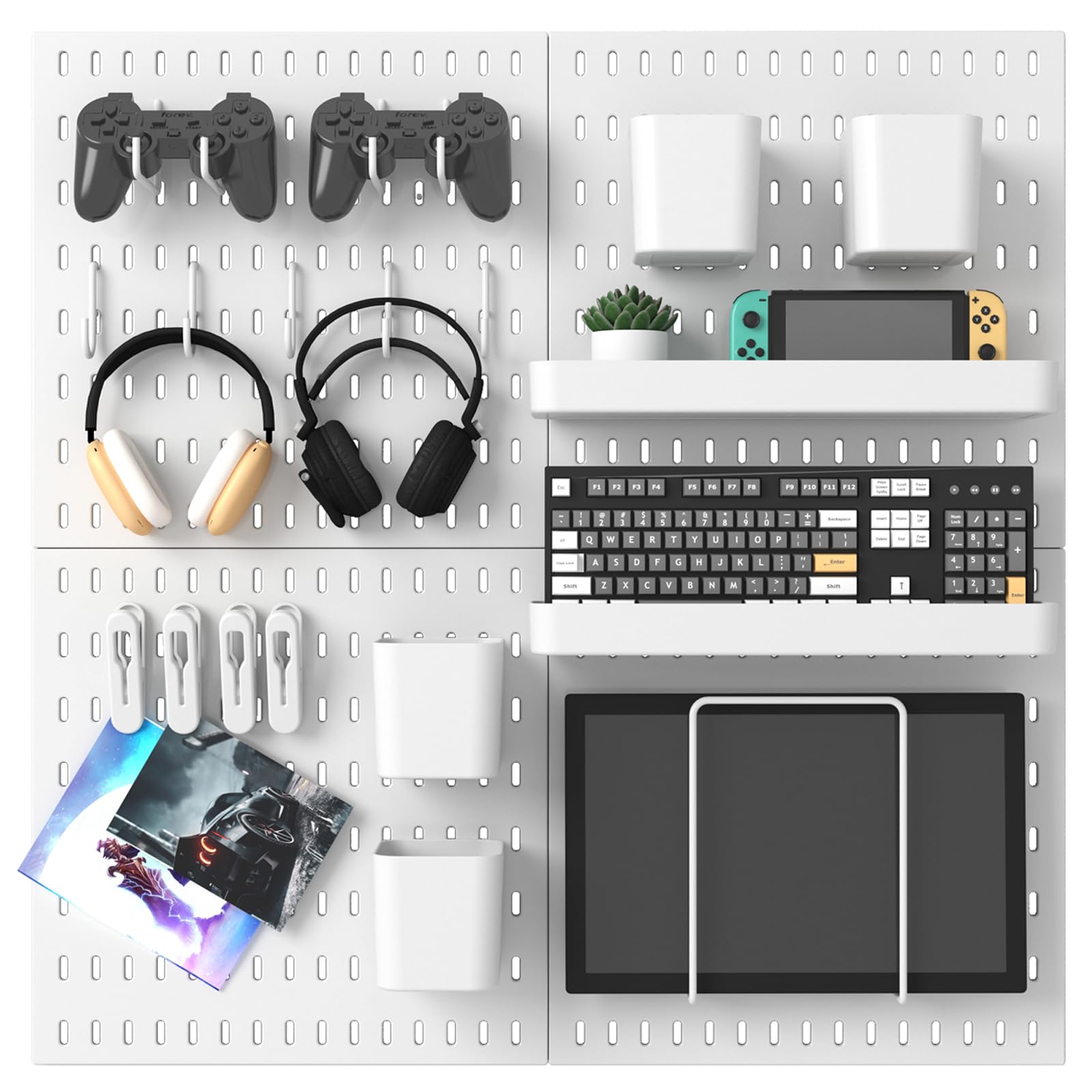 MULSAME pegboard four-board setup enables versatile wall storage for tools.