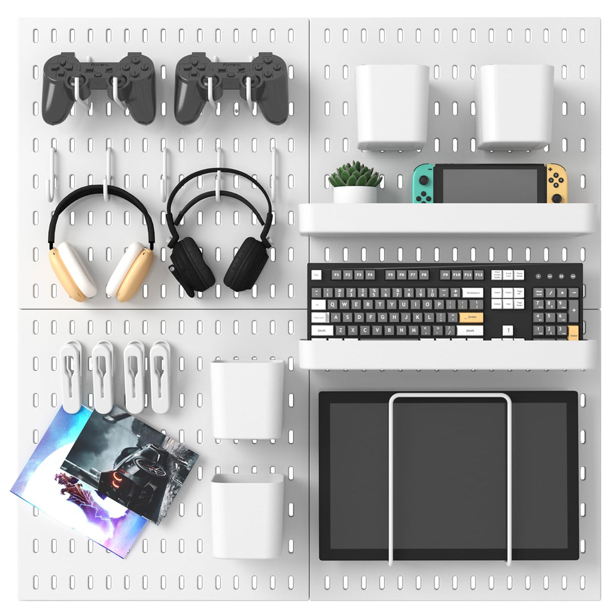 MULSAME pegboard four-board setup enables versatile wall storage for tools.