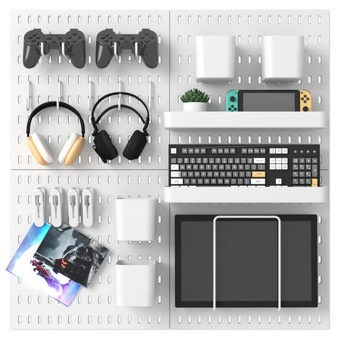 MULSAME pegboard four-board setup enables versatile wall storage for tools.