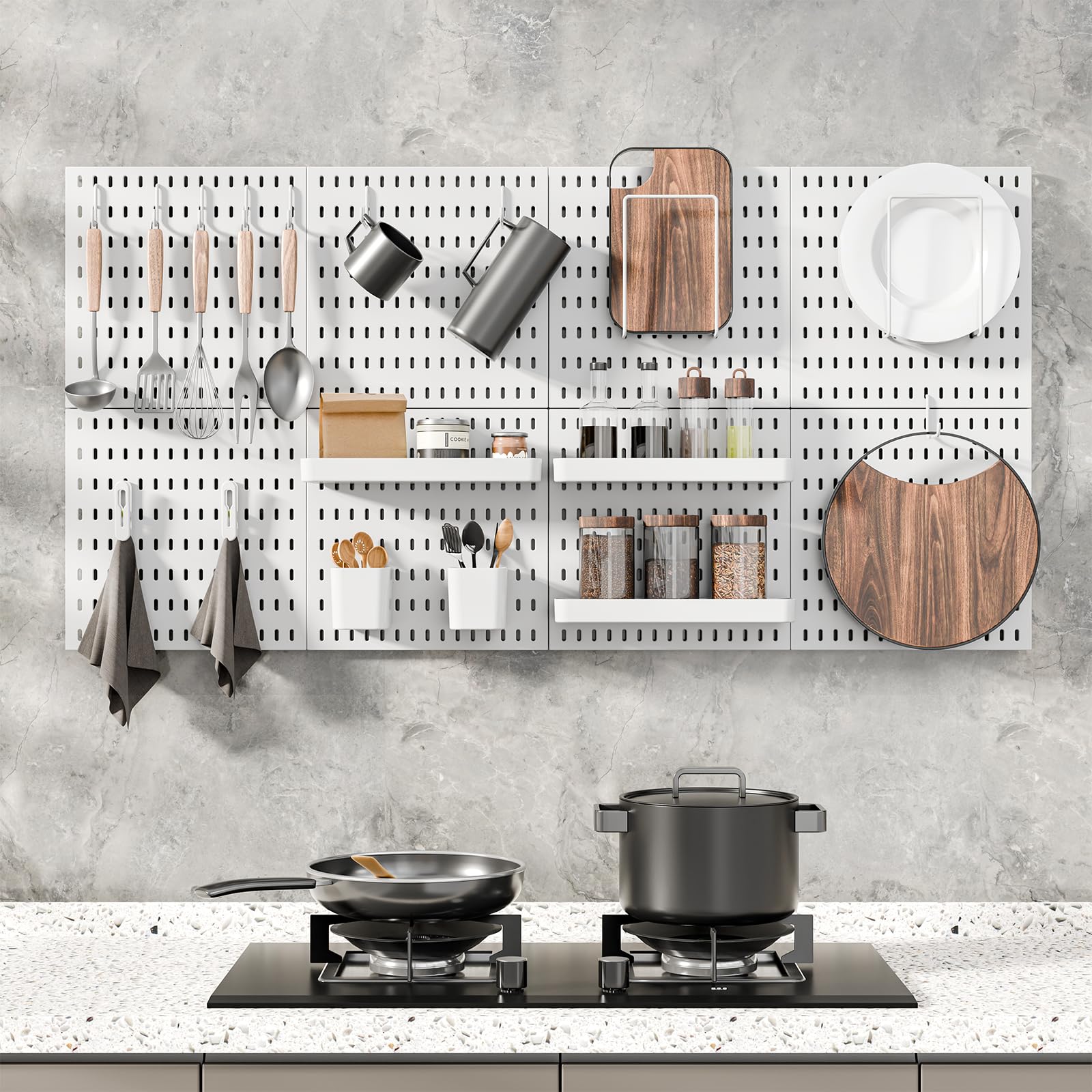 MULSAME pegboard shelves provide sturdy space for manuals and equipment.