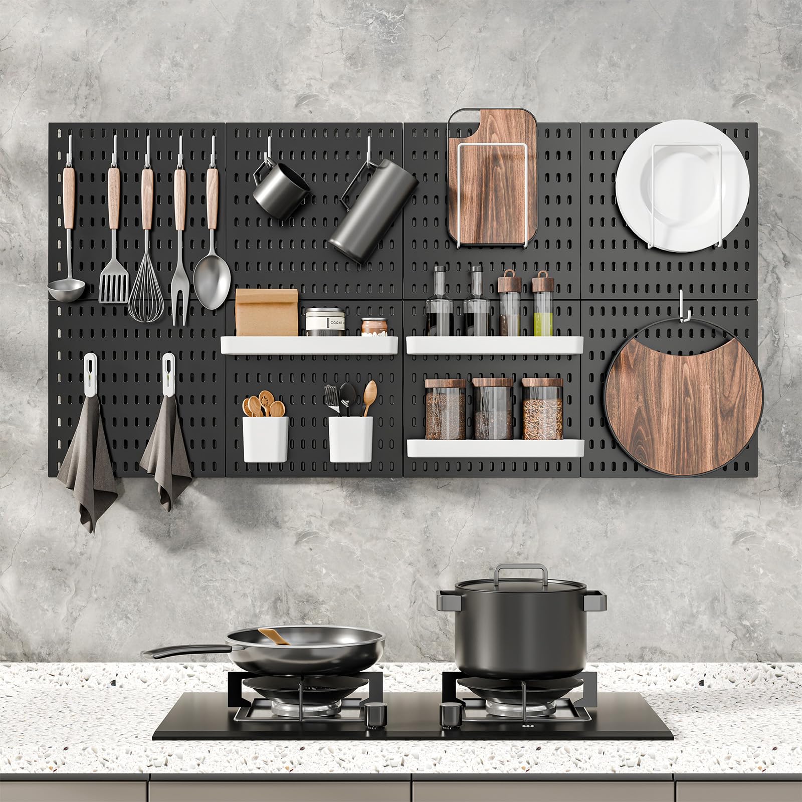 MULSAME pegboard shelves provide quick access to frequently used supplies.