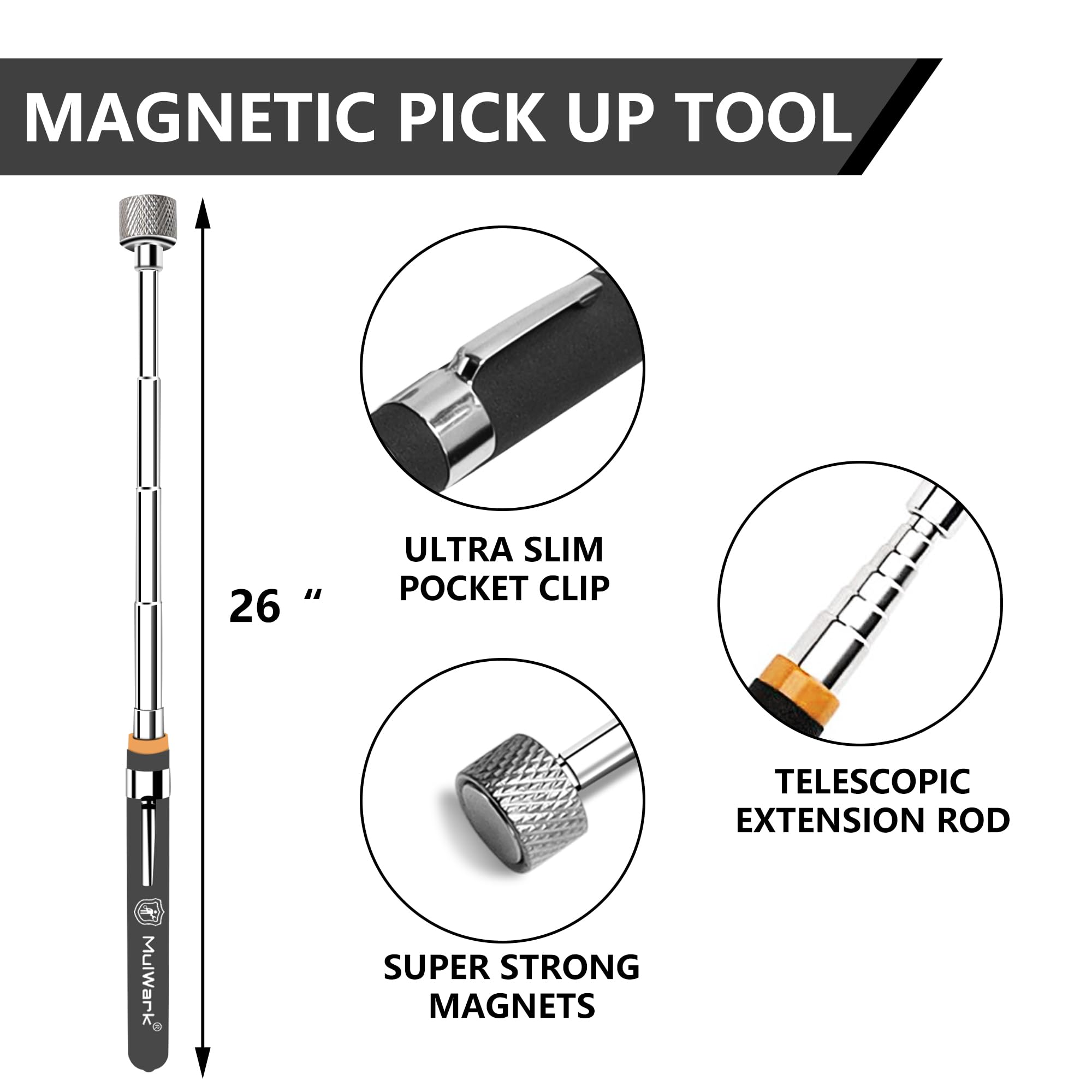 Mulwark 1.5lb magnet extension with precise reach for delicate parts.