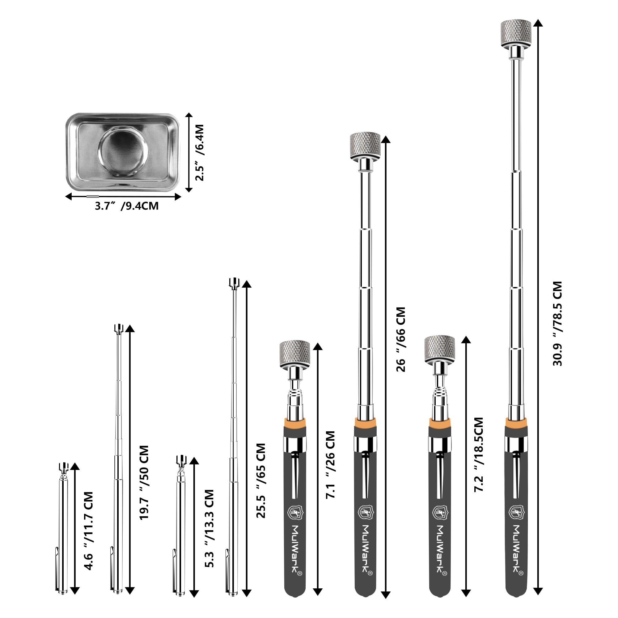 Mulwark 10lb magnet extension retrieves fasteners in confined spaces.