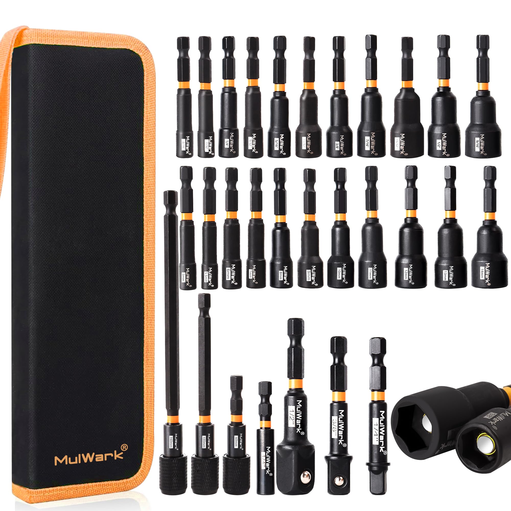 MulWark magnetic nut driver set displayed with metric and SAE sizes for versatile fastening