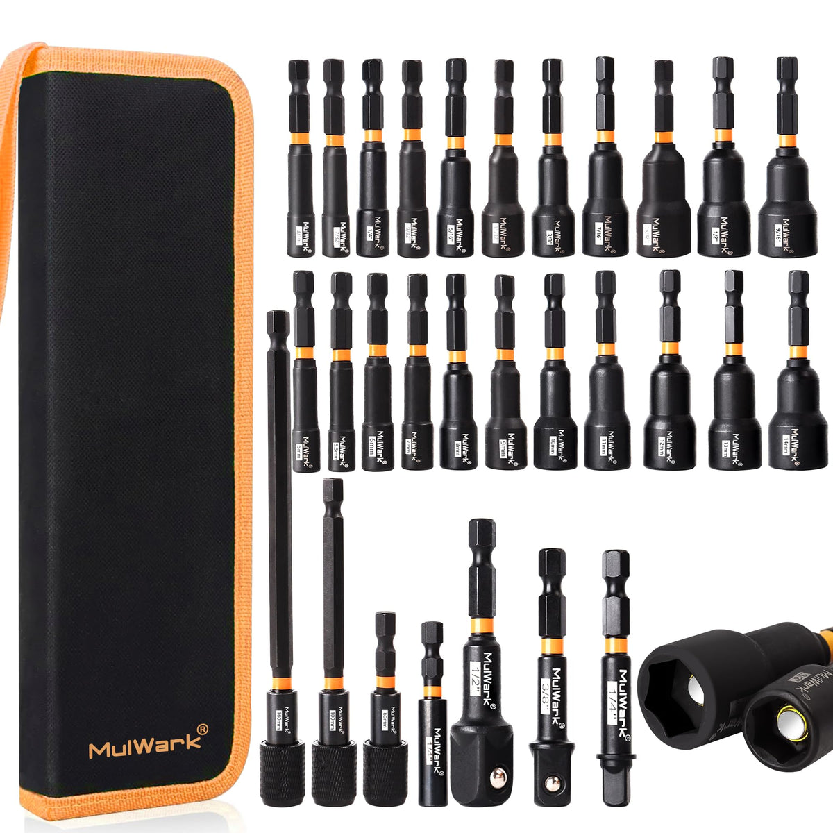 MulWark magnetic nut driver set displayed with metric and SAE sizes for versatile fastening