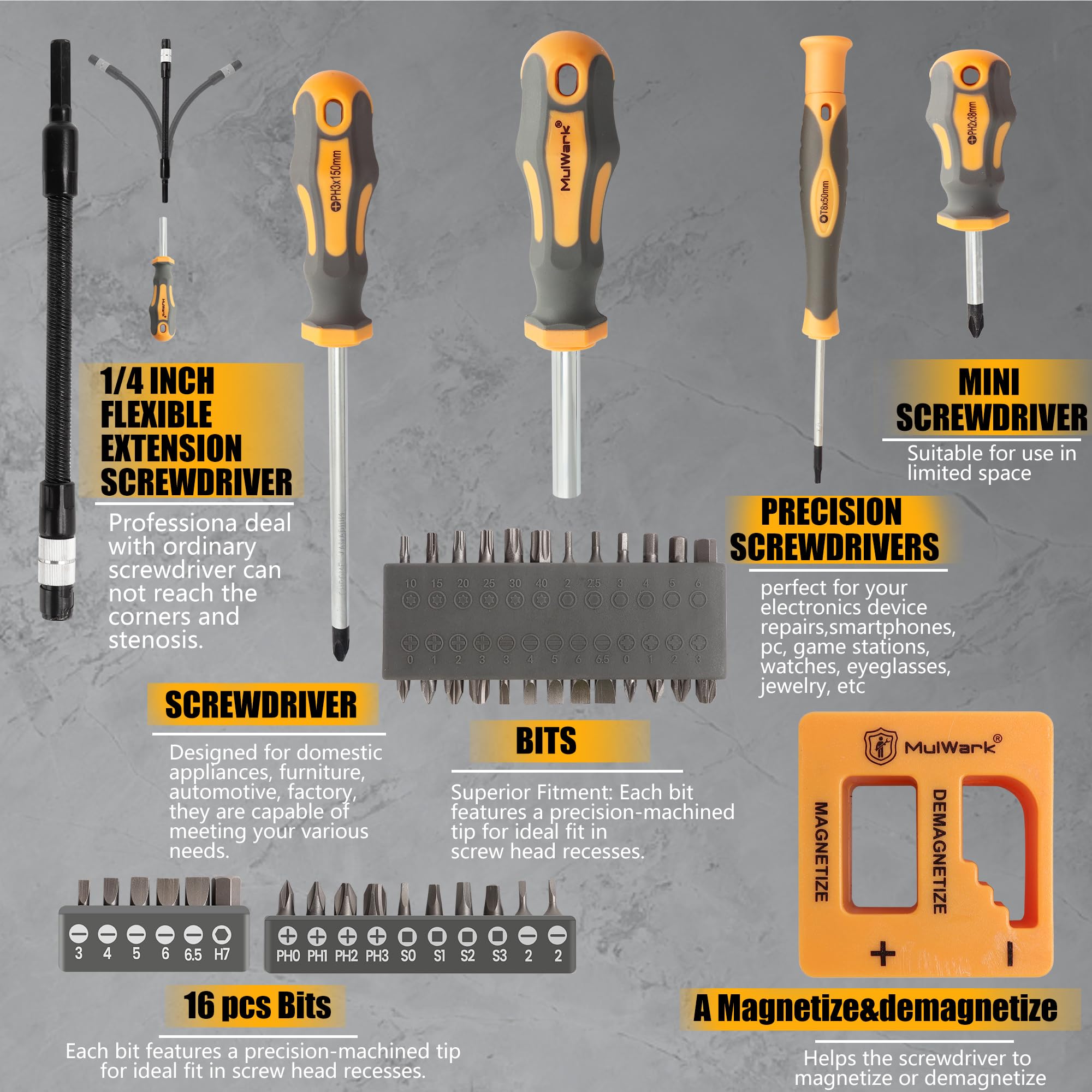 MulWark magnetic bit holder helps quick screw alignment.