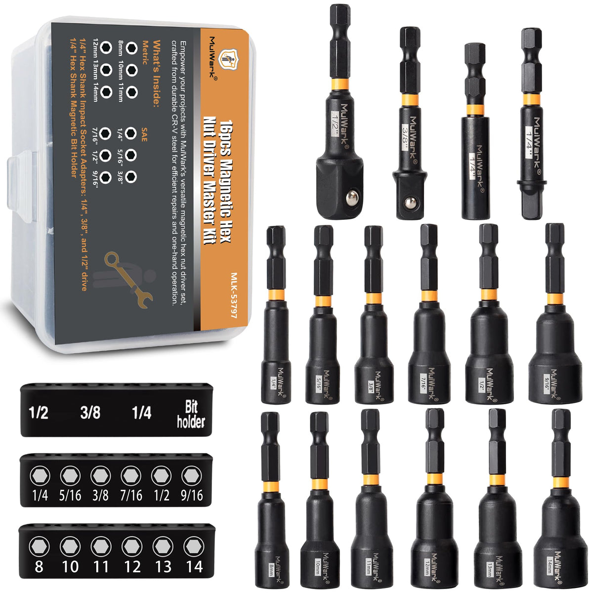 MulWark magnetic-nut-driver-set-16-pcs close-up showing strong magnets for one-handed use.