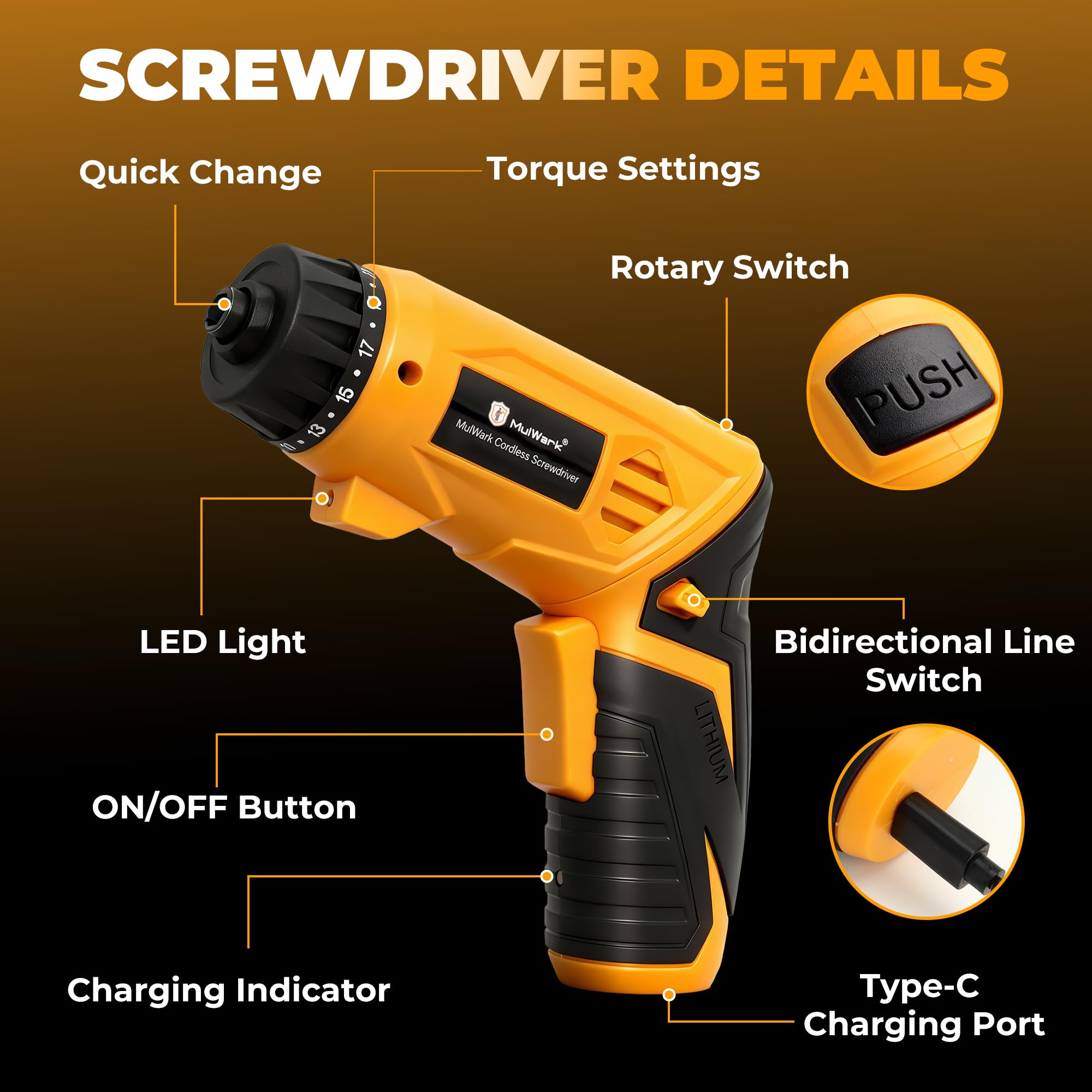 MulWark Type-C charging port keeps the screwdriver ready quickly.